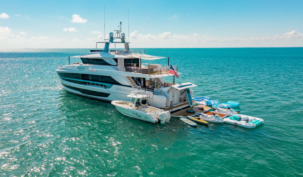 This 2023 Horizon 110-foot tri-deck offers luxurious cruising in comfort and style.
