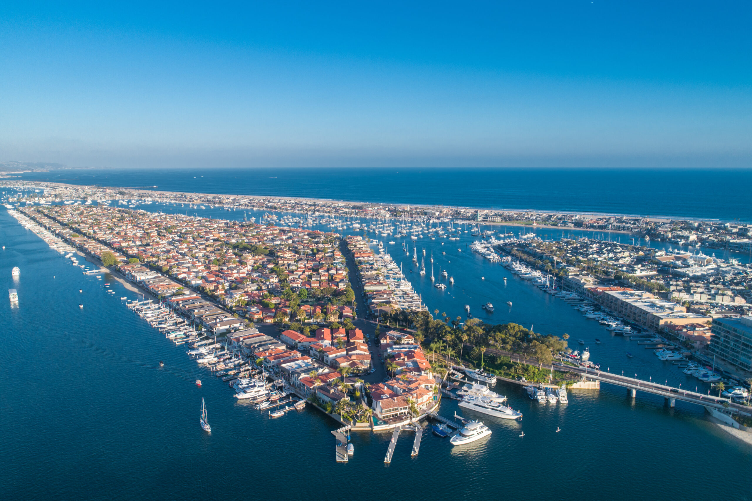 Exclusive Yacht Club - Aerial view of Lido Island in Newport Beach harbor in Orange Cou