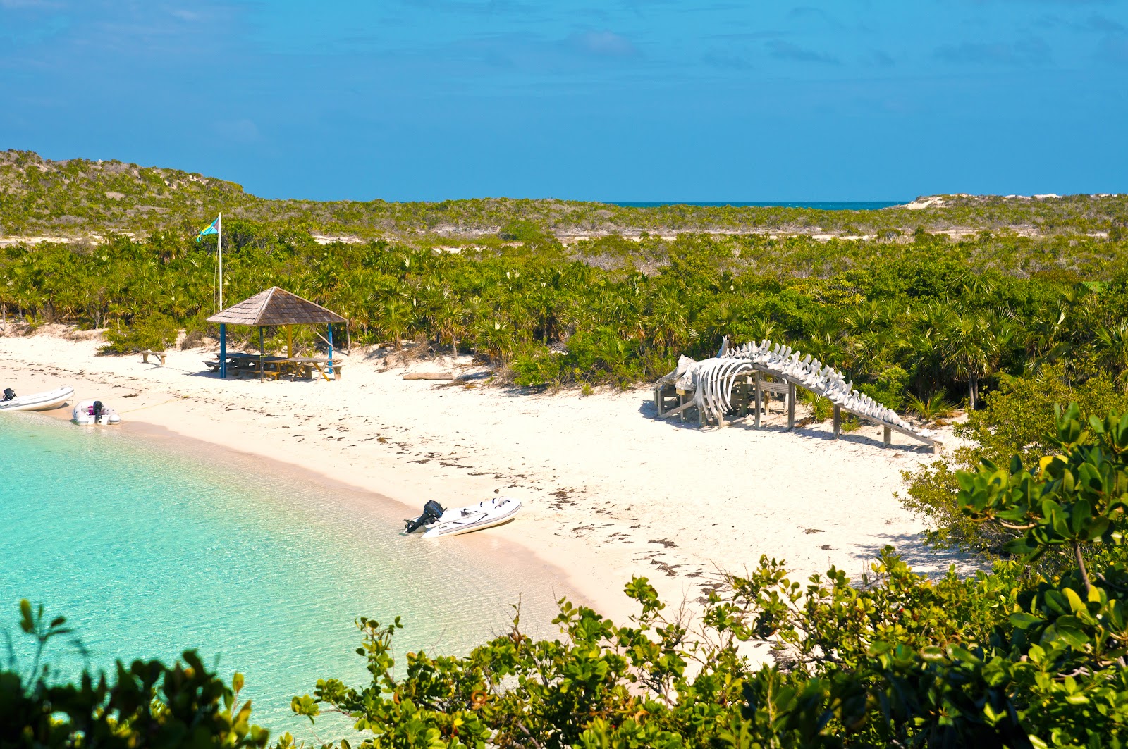 Exclusive Yachts - Horizontal photo from above of the deserted beach in warderick wells, exuma, bahamas. large bones of whale are on the coast.