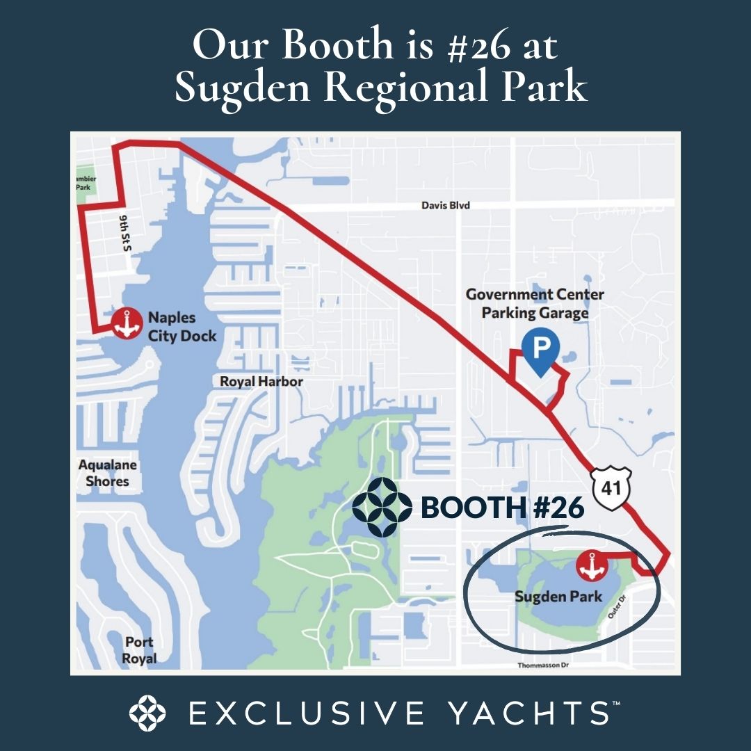 Map of the Naples Boat Show 2024 Map of the Naples Boat Show 2024 showing both the Naples City Dock and the Sudgen Park locations. Find Exclusive Yachts at Sugden Regional Park, Booth 26 - just outside the Exhibition Tent, January 18-21, 2024.