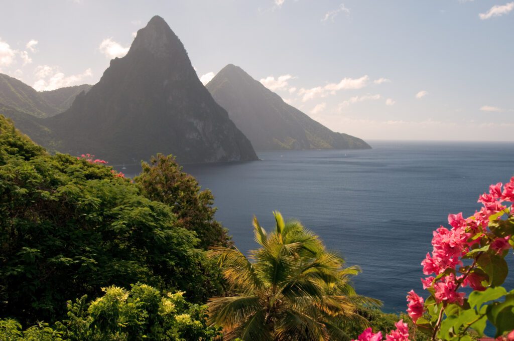 Exclusive Yachts - Beautiful scenery of Saint Lucias Twin Pitons with flowers
