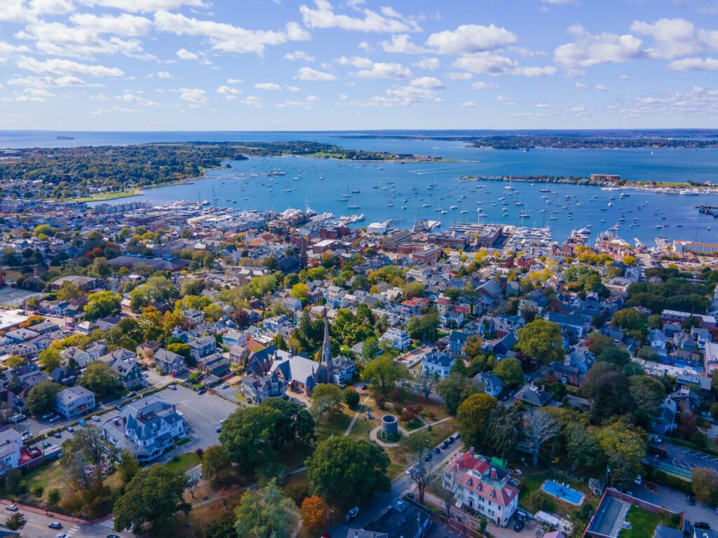 Newport Harbor aerial view in Narragansett Bay, city of Newport, Rhode Island RI, USA.